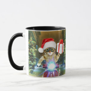 Caneca Gato no Papai Noel que entrega presente de Natal