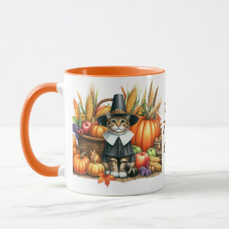 Caneca Gato Peregrino Feliz Dia de Ação de Graças