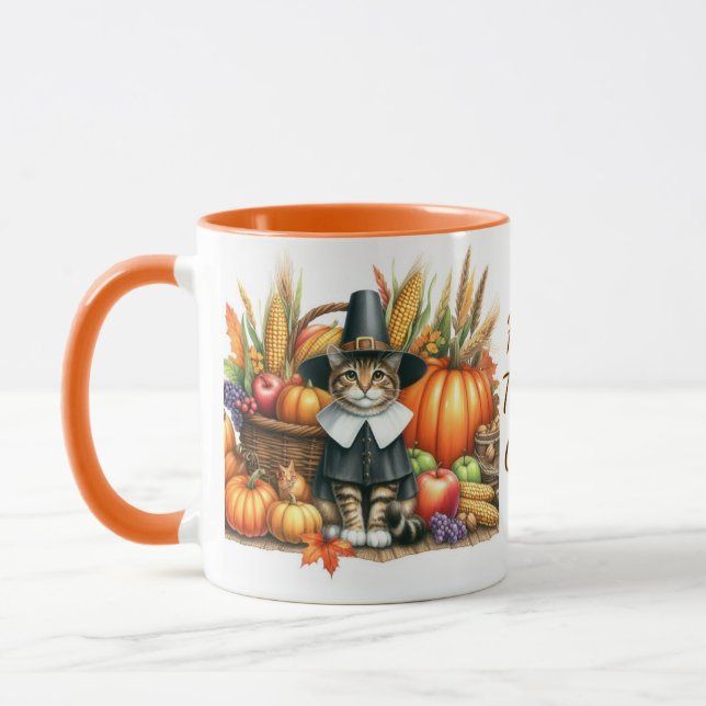 Caneca Gato Peregrino Feliz Dia de Ação de Graças (Esquerda)