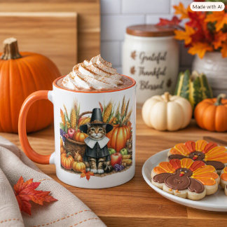 Caneca Gato Peregrino Feliz Dia de Ação de Graças