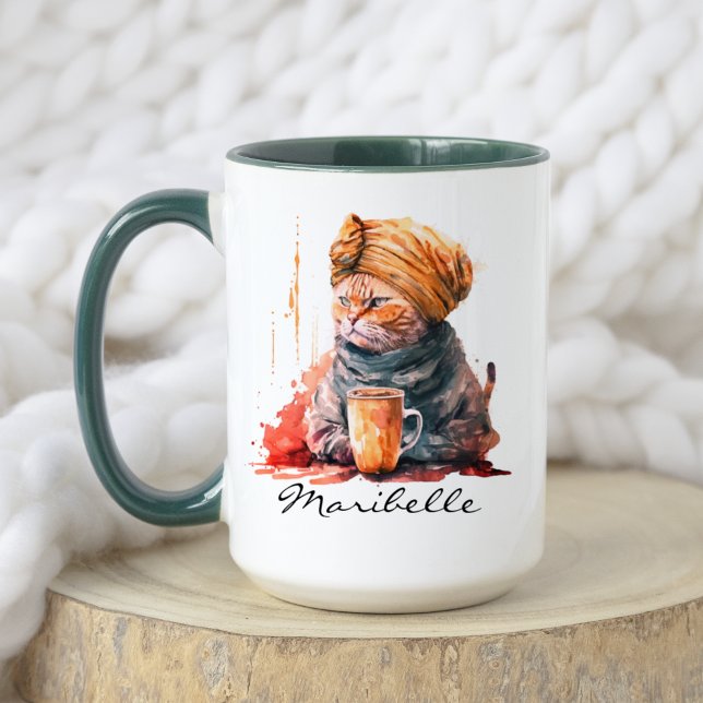 Caneca Gato Persa com Aquarela com Café Bebendo Turbano (Criador carregado)