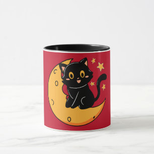 Caneca Gato preto bonito sentado na lua