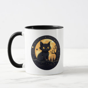 Caneca Gato Preto Cinto Cheio Lua Moderno Halloween