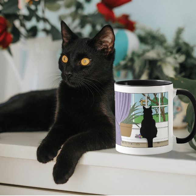 Caneca Gato Preto Curioso Verde Humorístico Janela  (Criador carregado)