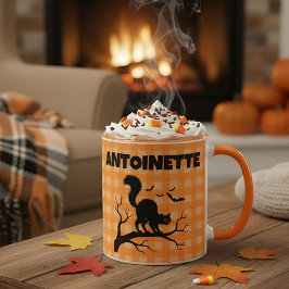 Caneca Gato Preto de Halloween e Morcegos Laranja Xadrez