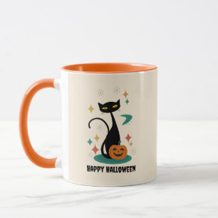 Caneca Gato Preto de Halloween em Estilo de Meados do Séc