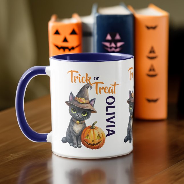Caneca Gato preto de Halloween ou truque de lanterna ou t (Halloween black cat jack o lantern trick or treat mug Halloween gifts cat lovers mug cute kitty)