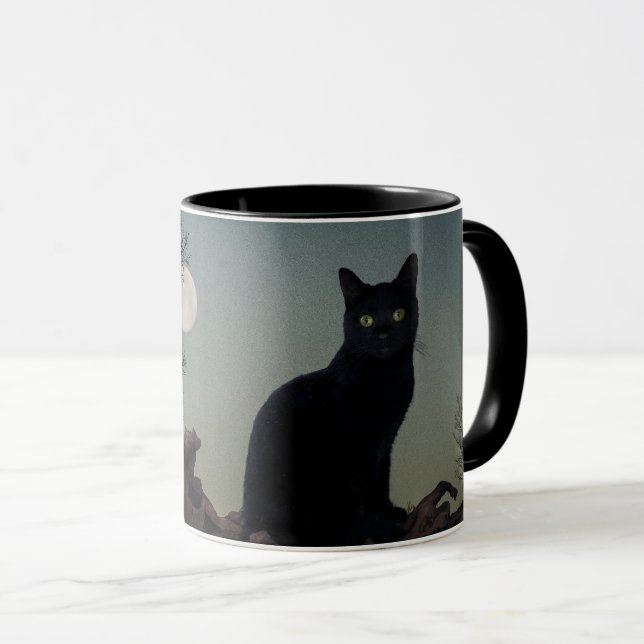 Caneca Gato preto de lua cheia em uma árvore (Frente Esquerda)