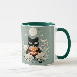 Caneca Gato Preto do Halloween, Lua Cheia e Abóbora