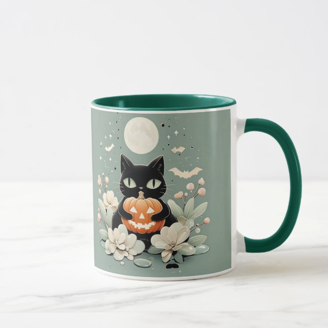 Caneca Gato Preto do Halloween, Lua Cheia e Abóbora (Direita)