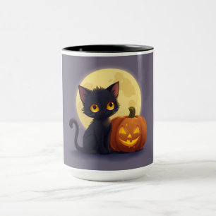 Caneca Gato preto e branco com abóbora esculpida brilhant