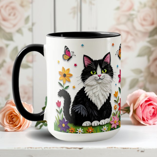 Caneca Gato Preto e Branco, Flores e Borboletas   (Criador carregado)