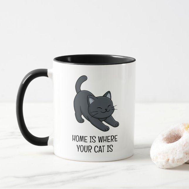 Caneca Gato Preto Esticado Texto Personalizado (Com Donut)