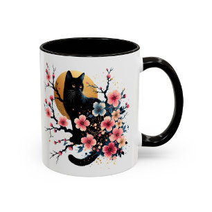 Caneca Gato Preto Flor de Cerejeira Presente Flora