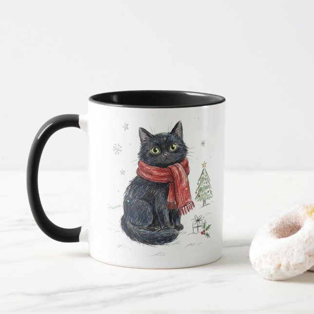 Caneca Gato Preto Fofo com Cachecol Vermelho Árvore de Na (Com Donut)