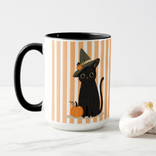 Caneca Gato Preto Fofo de Halloween com Chapéu de Bruxa e
