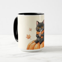 Gato Preto Kawaii de Outono Aconchegante Café com