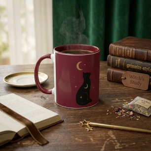 Caneca Gato Preto Místico & Lua Celestial Burgundy