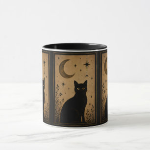 Caneca Gato Preto Místico Lua e Estrelas Vintage Gótico