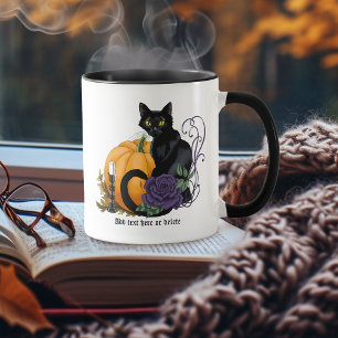 Caneca Gato Preto Rosa Roxa Abóbora Outono