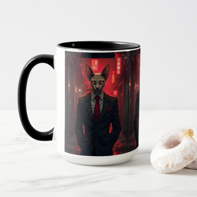 Caneca Gato Sphynx Neon Noir no Estilo Máfia (Com Donut)
