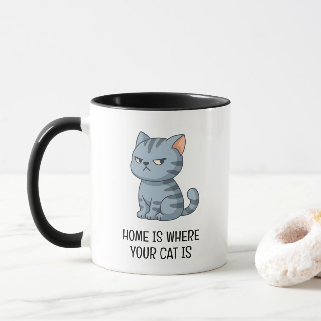 Caneca Gato Tabby Cinza Mal-humorado (Com Donut)