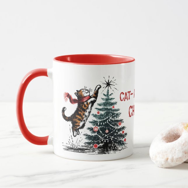 Caneca Gato travesso Salta Árvore de Natal Presente Perso (Com Donut)