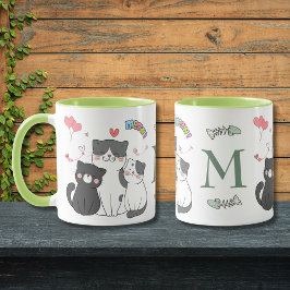 Caneca Gatos Adoráveis Monograma Temático Meow Corações