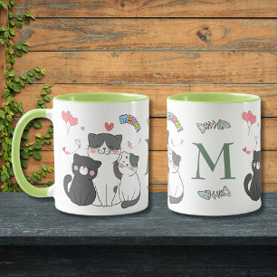 Caneca Gatos Adoráveis Monograma Temático Meow Corações