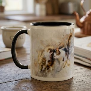 Caneca Gatos de Aquarela Se Aninhando em Arte Abstrata Su