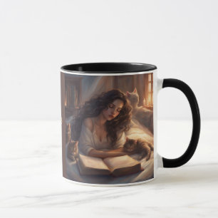 Caneca Gatos de café & Livros mulher lendo na cama com ga