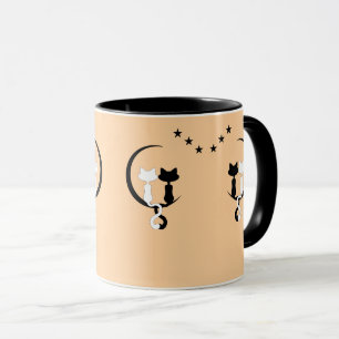Caneca Gatos de Casal Preto e Branco Sob Lua Crescente