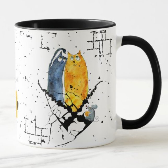 CANECA GATOS DE GRUNGE NA SUCURSAL (TWO GRUNGE CATS ON BRANCH WITH WHIMSICAL MOUSE.  CUSTOMIZABLE MONOGRAM.)