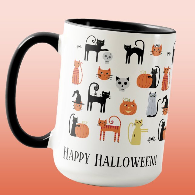 Caneca Gatos do Dia das Bruxas Cute Spooky (Fun Halloween cats Happy Halloween mug with custom text)