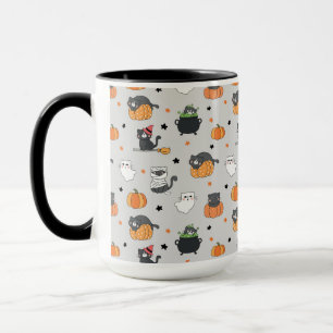 Caneca Gatos e Padrão Fantasmas do Halloween