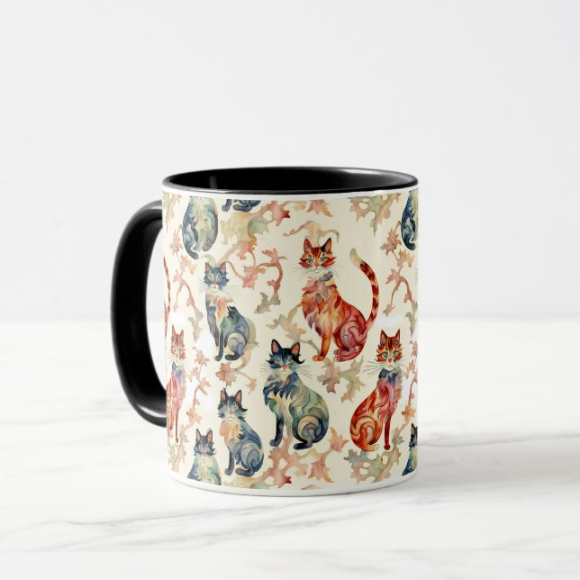 Caneca Gatos em Padrão Chinês de Aquarela (Frente Esquerda)