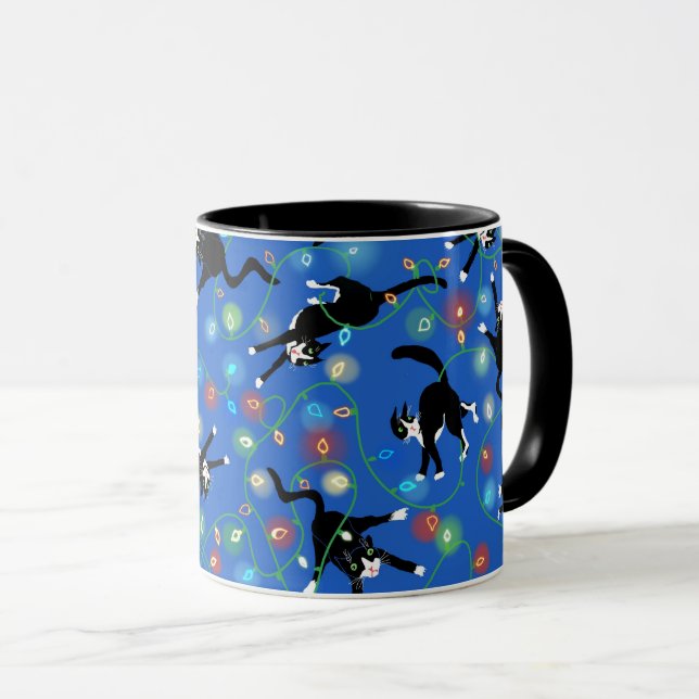 Caneca Gatos Engraçados e Luzes de Natal (Frente Esquerda)