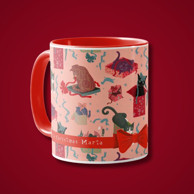 Caneca Gatos Engraçados Em Caixas De Natal Personalizadas (Cats play in Christmas boxes in this cute personalized holiday mug. Comes with or without a photo )