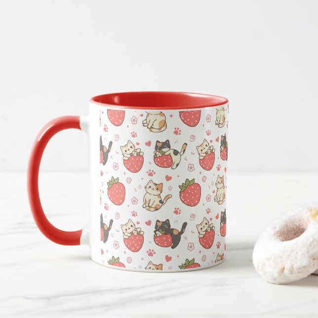 Caneca Gatos Kawaii & Morangos (Com Donut)