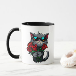 Caneca Gatos legal Segurando Rosas vermelhas Flores Óculo