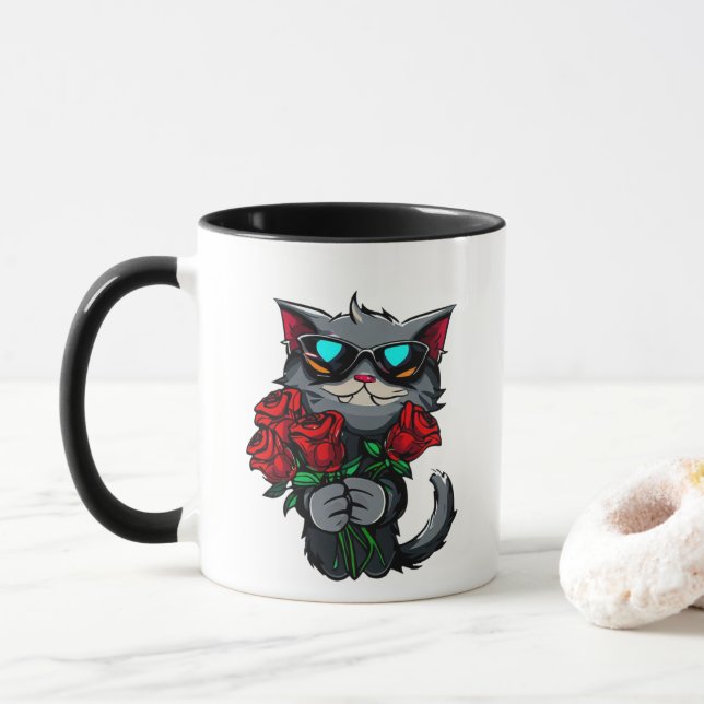 Caneca Gatos legal Segurando Rosas vermelhas Flores Óculo (Com Donut)