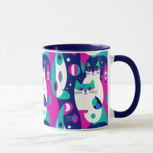 Caneca Gatos Modernos de Meados do Século em um Fundo Azu