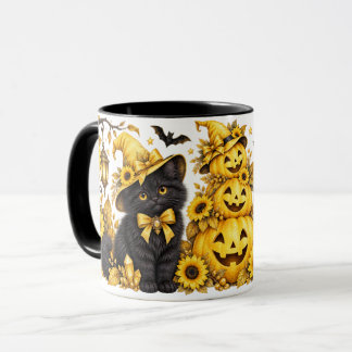 Caneca Gatos Pretos de Halloween Amarelo & Abóboras de Gi