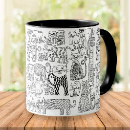 Caneca Gatos pretos e brancos com padrão divertido e mode