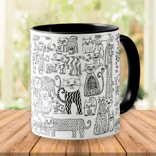 Caneca Gatos pretos e brancos com padrão divertido e mode