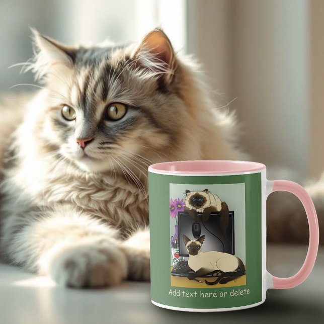 Caneca Gatos Tailandeses de Escritório de Computador Fofo (Criador carregado)