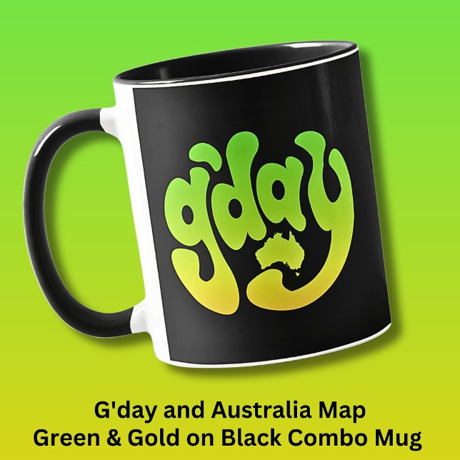 Caneca G'DAY com Austrália Mapa Verde Dourado em Preto (Criador carregado)