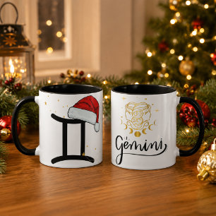 Caneca Gêmeos de Natal Chapéu de Papai Noel Zodiac