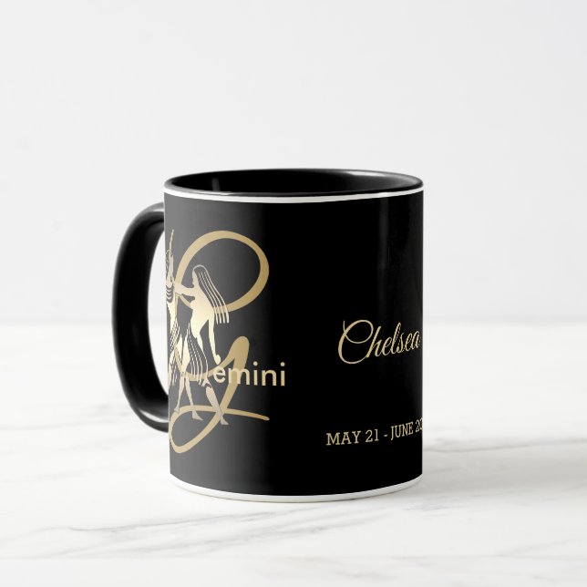 Caneca Gemini ♊ Sinal de Aniversário Zodiac / Preto e Dou (Frente Esquerda)