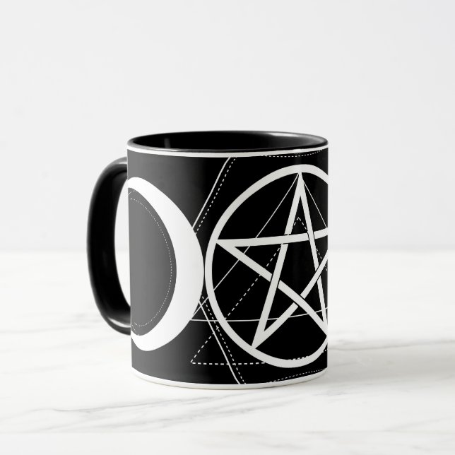Caneca Geometria da Tríplice Lua Pentagrama Preto e Branc (Frente Esquerda)